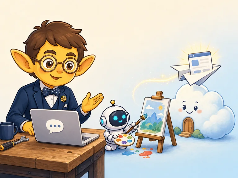 案内役がノートPCに話しかけ、ロボットが絵を描き、雲の家にページが届く場面