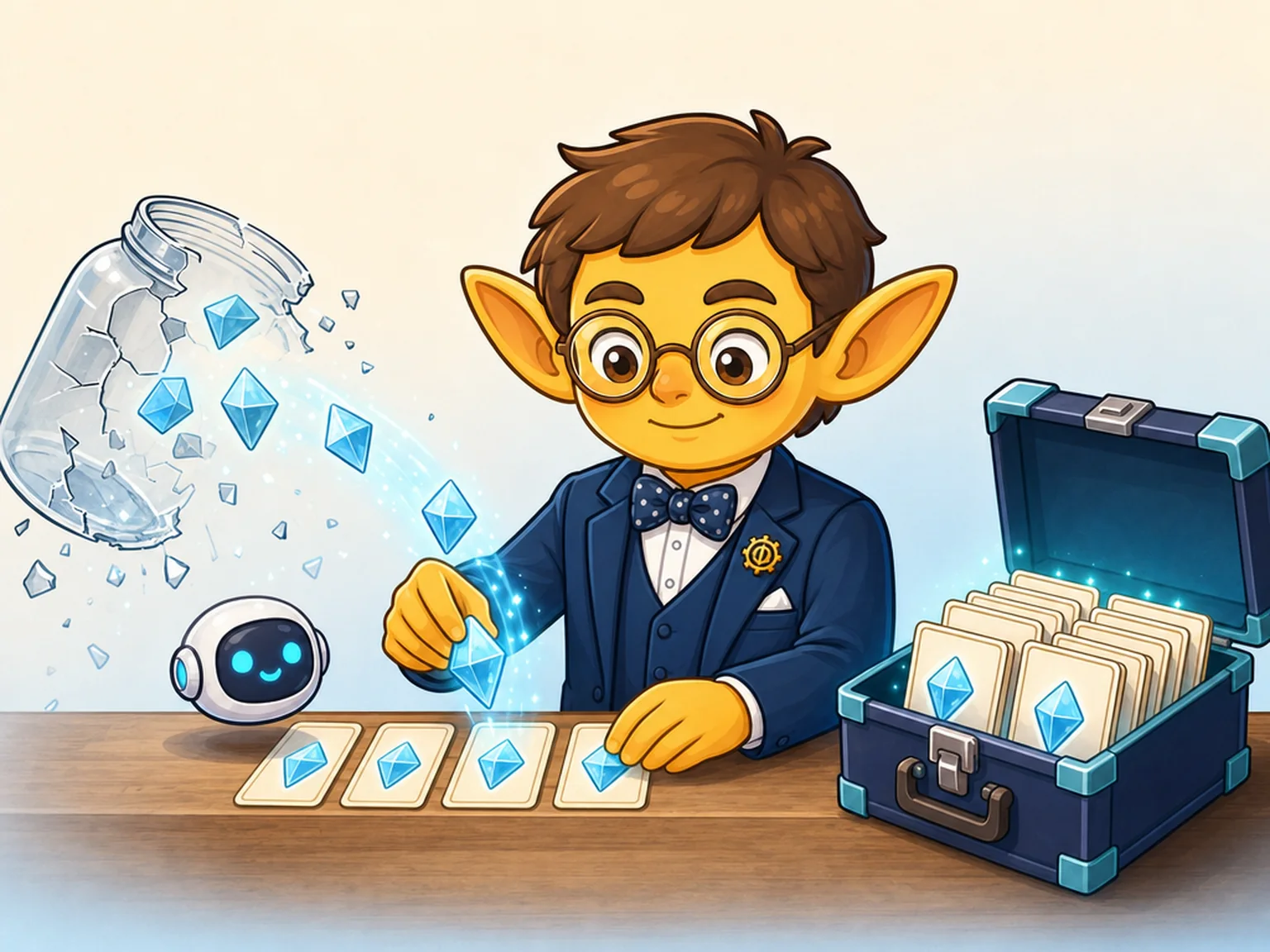 ひびの入った瓶からこぼれるGemを、案内役がカードに整えて道具箱に納めている場面